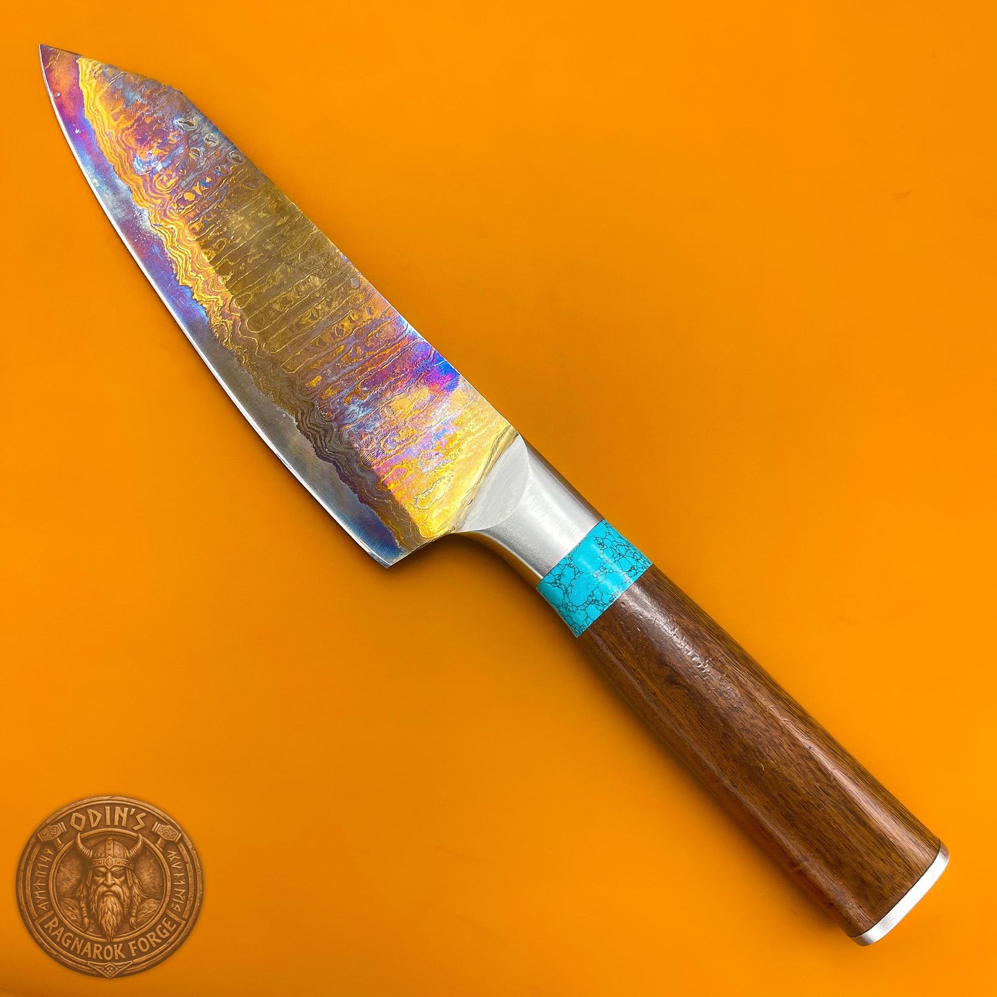 Stainless Steel Damascus Viking Kitchen Cleaver with Iridescent Heat Treated Blade - Turquoise & Walnut Handle