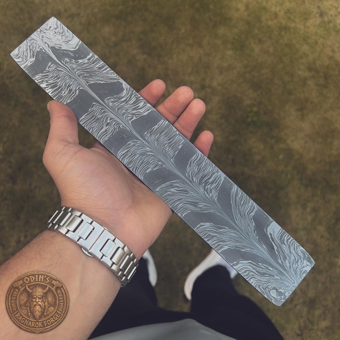 Handmade Damascus Steel Billet | 12" Knife Making Blank | Forged Custom Snake Feather Bar