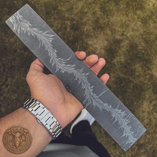 Handmade Damascus Steel Billet | 12" Knife Making Blank | Forged Custom Snake Feather Bar