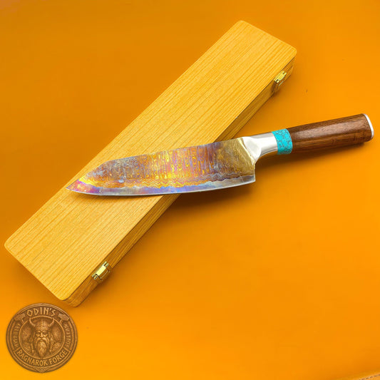 Stainless Steel Damascus Viking Kitchen Cleaver with Iridescent Heat Treated Blade - Turquoise & Walnut Handle